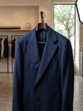 Elegant Blue Suit Jacket Hanging in a Modern Retail Setting.