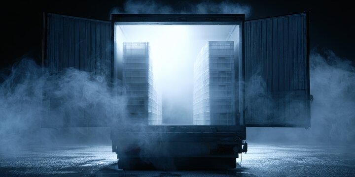 Refrigerated truck trailer with open doors at night, emitting cold fog or smoke, showcasing stacks of crates inside, industrial logistics and transport concept