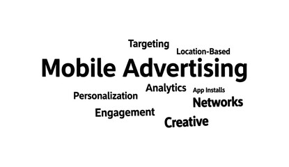 Obraz premium Word cloud illustration about mobile advertising featuring keywords like targeting, analytics, and engagement, representing digital marketing, business strategy, and mobile technology concepts.