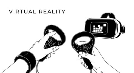 Black and white line art illustration of hands using virtual reality controllers and a VR headset, symbolizing gaming, technology, immersive digital experience, and future entertainment. © Hafiz