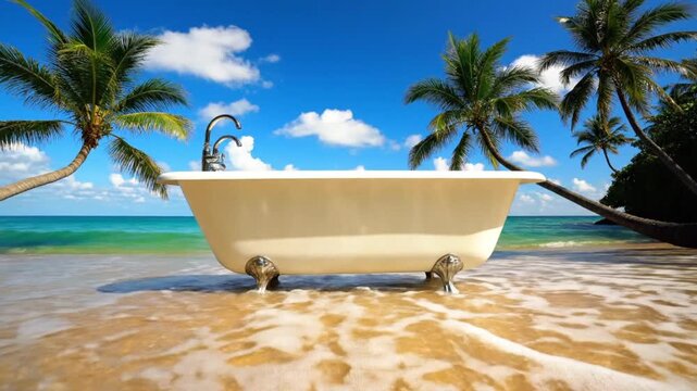 Vintage white bathtub on a sunny tropical beach with palm trees and ocean waves