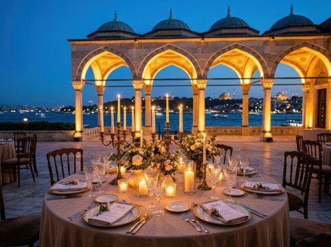Elegant Outdoor Dining Experience with Bosphorus View at Sunset.