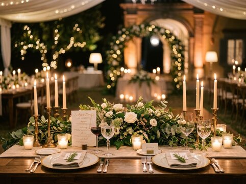 Elegant Outdoor Wedding Reception Table Setting with Candles and Floral Decor at Night.