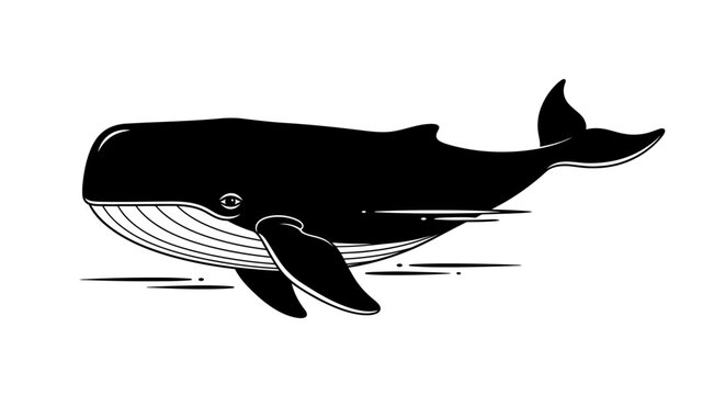 A clean, black and white vector illustration of a majestic whale swimming gracefully, suitable for designs related to marine life, ocean conservation, nature, and wildlife themes.
