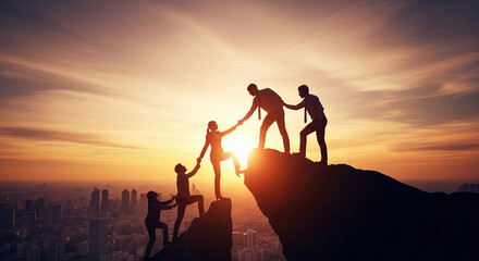 Fototapeta premium Team of people silhouetted while climbing a mountain, a powerful metaphor for overcoming challenges and achieving success