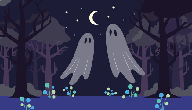 Dreamy illustration of two friendly ghosts floating in dark spooky forest under crescent moon and starry night sky.