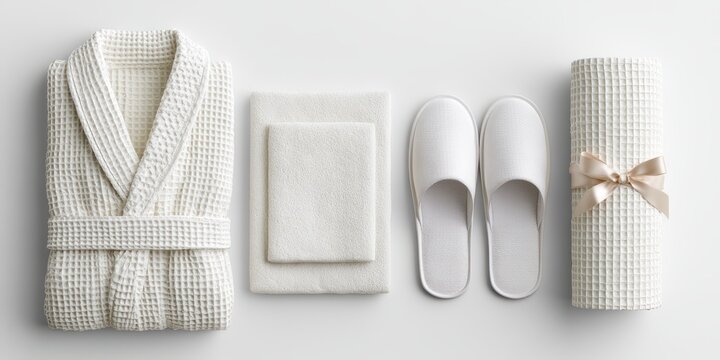 Luxury spa set with waffle bathrobe, towel, and slippers isolated on white background