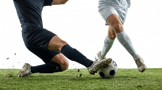 Anonymous soccer defender performing clean sliding tackle isolated on white background