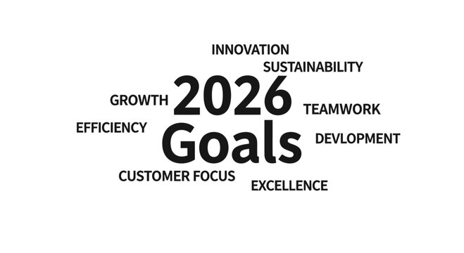 Text cloud graphic titled "2026 Goals" surrounded by corporate keywords including innovation, sustainability, teamwork, efficiency, growth, and excellence for professional business planning.