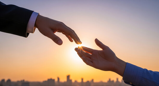 Concept of giving and receiving help, with two hands reaching toward each other against a warm sunset sky