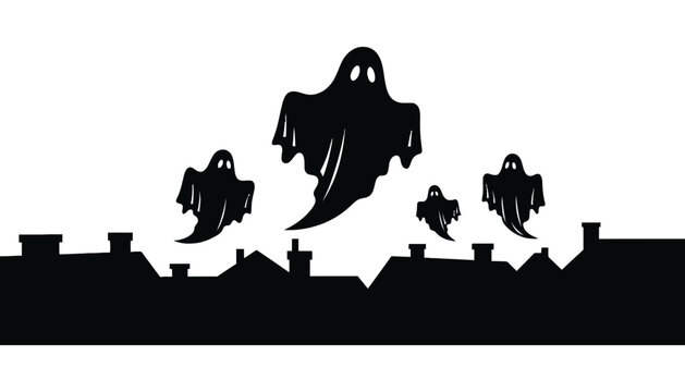 Ghost silhouettes hovering over residential rooftops