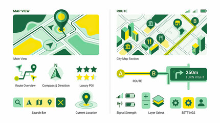Fototapeta premium Green and yellow map icons set.