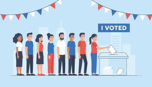Diverse group of citizens standing in a queue to cast their votes in a ballot box during a democratic election.