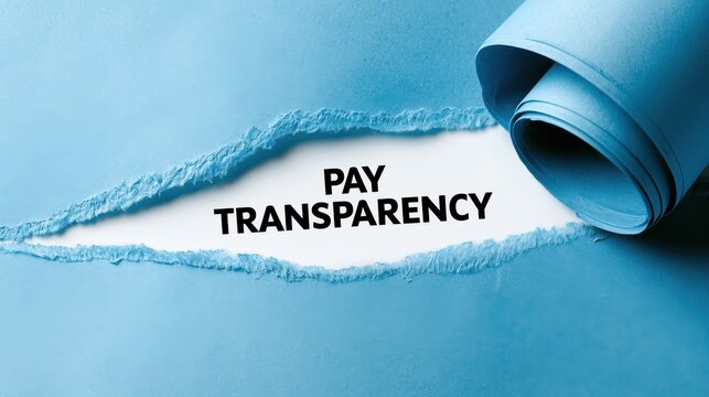 Pay transparency concept with text revealed behind torn blue paper