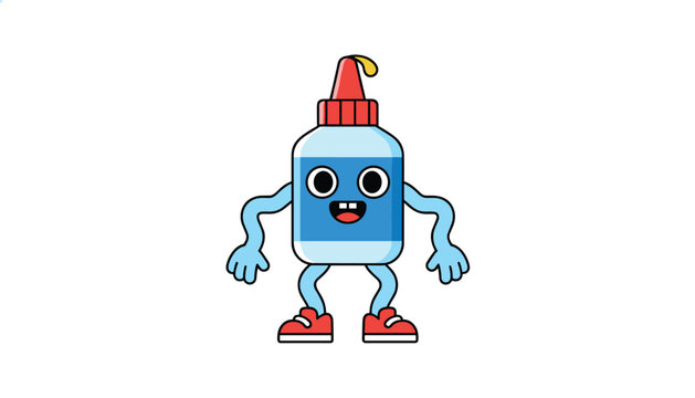 Cute cartoon liquid glue bottle character with a friendly face, blue body, orange cap, and red sneakers.