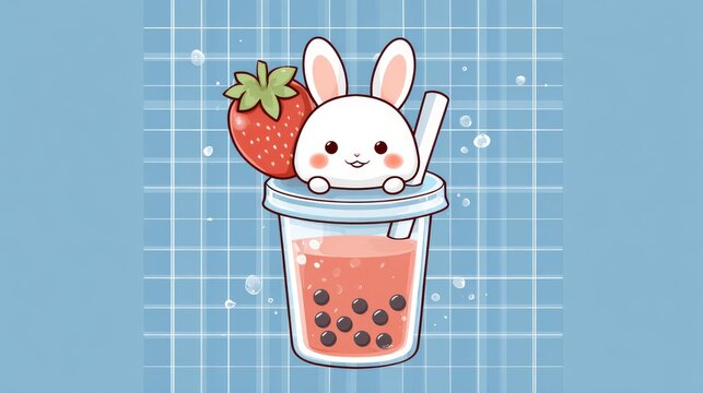 22.Charming kawaii vector art of bubble tea drink with smiling rabbit and strawberry, simple cartoon proportions, pastel colors, blue lattice background, clean flat illustration perfect for youthful