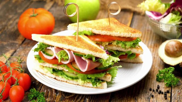 Club Sandwich Halves on Plate with Ham Tomato Lettuce Cucumber Fresh Ingredients on Wooden Table