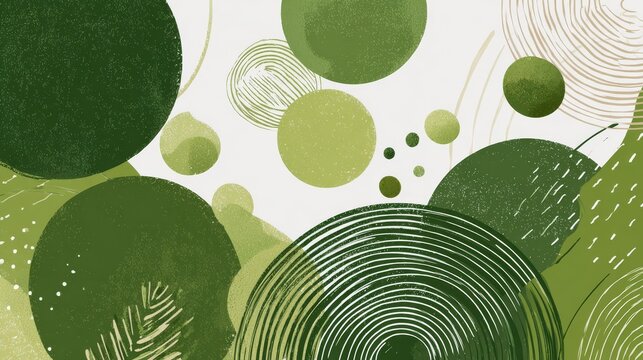 39.Clean and modern vector illustration of circular abstract patterns, hand-drawn doodle accents, earthy green matcha palette, flat design, suitable for social media branding