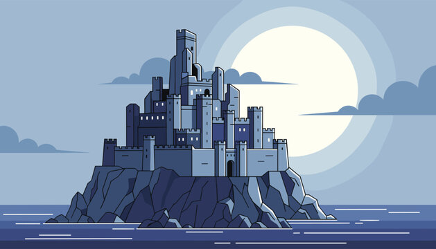 Majestic medieval castle built on a rocky island in the middle of the sea under a massive bright full moon.