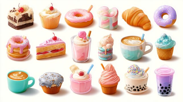 50.Sweet food icons set with cakes, ice cream, donuts, bubble tea, coffee, and candies, soft lighting effects, colorful 3d vector illustration, isolated on white background