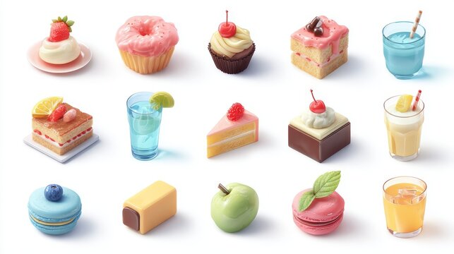 51.Assorted dessert and drink icons rendered in 3d vector style, rounded edges, subtle highlights and shadows, vibrant yet soft colors, isolated on white background