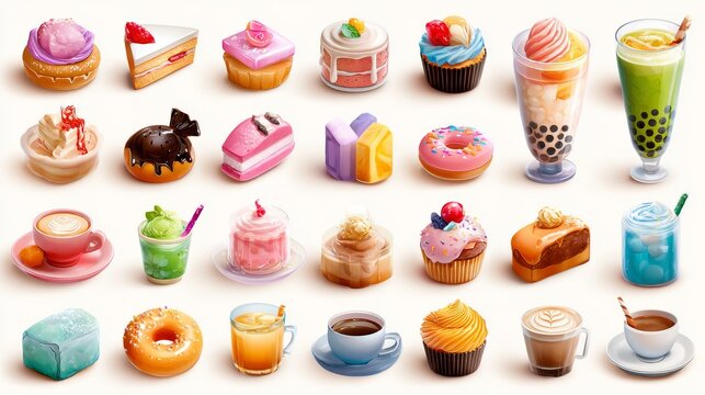 50.Sweet food icons set with cakes, ice cream, donuts, bubble tea, coffee, and candies, soft lighting effects, colorful 3d vector illustration, isolated on white background