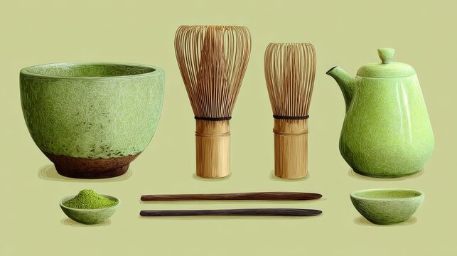 53.Vector set of elements for making matcha tea