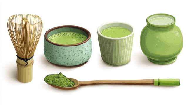 53.Vector set of elements for making matcha tea