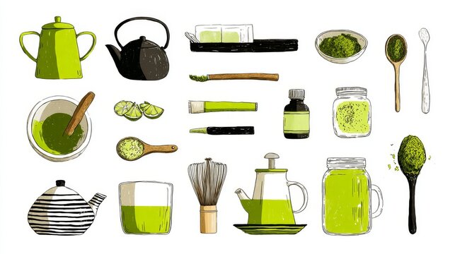 58.Hand drawn matcha tea kit illustration, preparation tools and ingredients arranged neatly, minimal flat vector style, organic aesthetic, isolated on white background