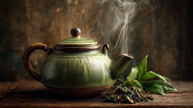 59.Green tea pot with steam and aromatic leaves