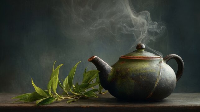59.Green tea pot with steam and aromatic leaves