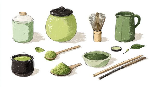 58.Hand drawn matcha tea kit illustration, preparation tools and ingredients arranged neatly, minimal flat vector style, organic aesthetic, isolated on white background