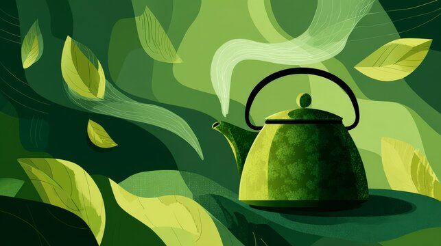 61.Teapot with flowing steam carrying tea leaf shapes, flat modern vector style, harmonious green color palette, matcha tea themed background illustration