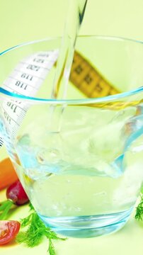 Pouring Water into Glass with Measuring Tape and Fresh Vegetables Diet Weight Loss Concept