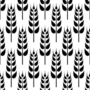 Seamless pattern of wheat ears, rye or barley, agriculture and harvest, black isolated silhouette on white background, vector print