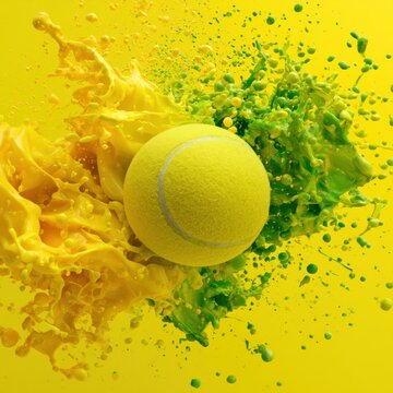 Tennis ball with yellow and green splashes