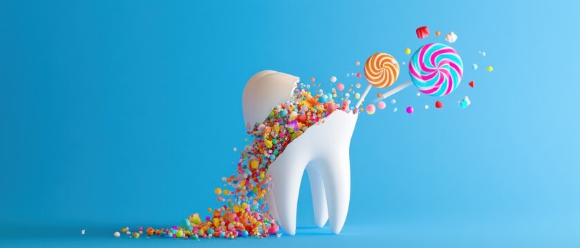 Damaged tooth filled with colorful candies and lollipops
