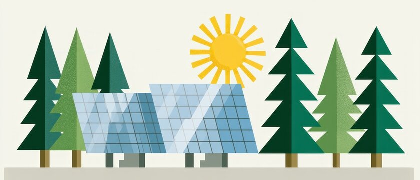 Solar panels in a forest setting under the sun
