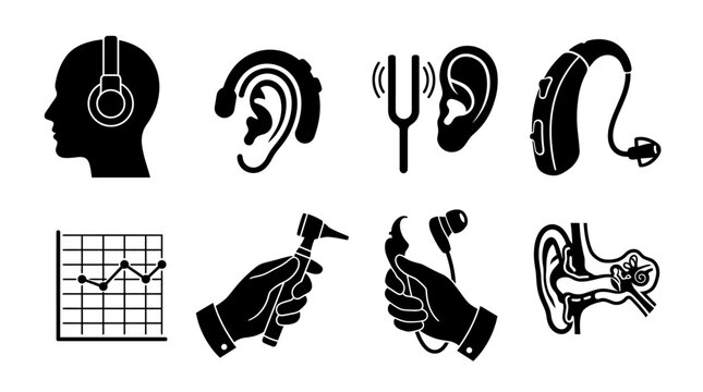 Audiology hearing care icons vector illustration set showing hearing aids, ear examination, audiograms and sound testing symbols for professional healthcare awareness