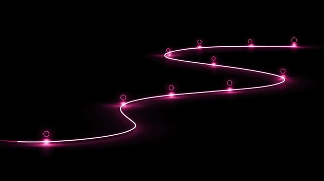 Winding pink neon line with lights on black background
