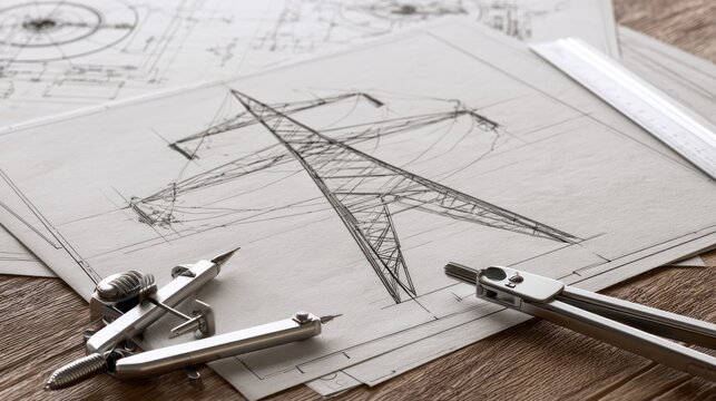 Engineering blueprint of a power pylon with drafting tools