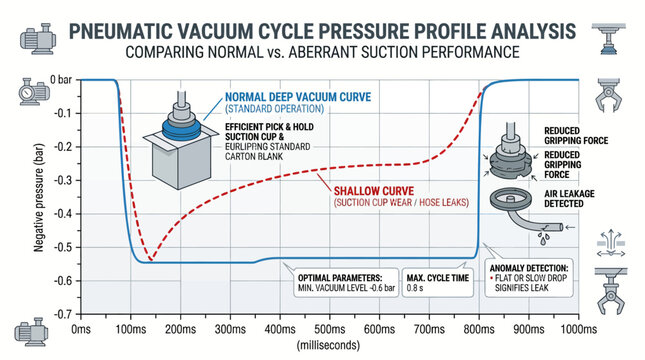 Technical diagram showing pneumatic suction performance analysis, comparing pressure levels over time for industrial automated packaging processes