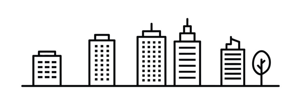Building Icons featuring simple line symbols for office buildings, commercial properties, real estate business, corporate architecture, property management, transparent background