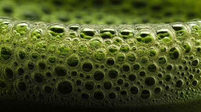 87.Close perspective of matcha latte foam, organic bubble structure, vivid green tones, soft natural light highlighting texture and depth