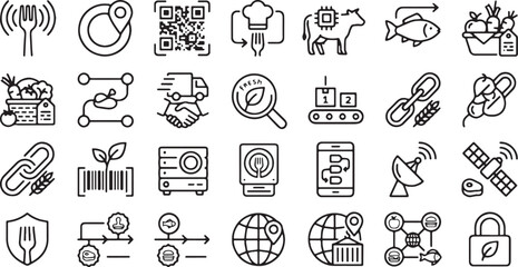 Fototapeta premium Food Traceability, Supply Chain Logistics, and Sustainable Agriculture Line Icon Set