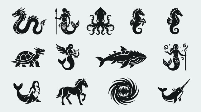 Set of Mythical Sea Creatures and Marine Monsters Icons.