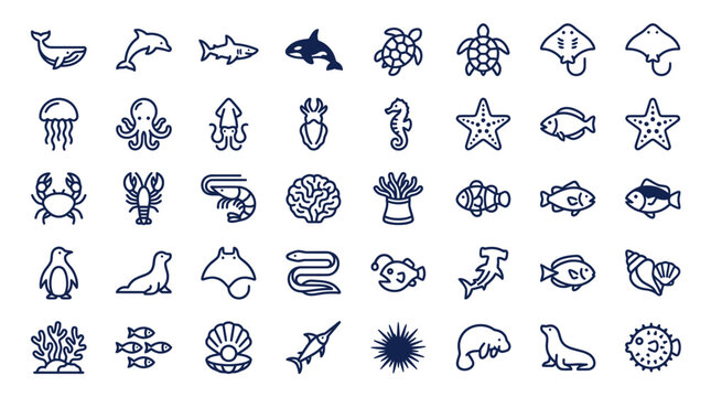 Set of marine life and ocean creature line icons.