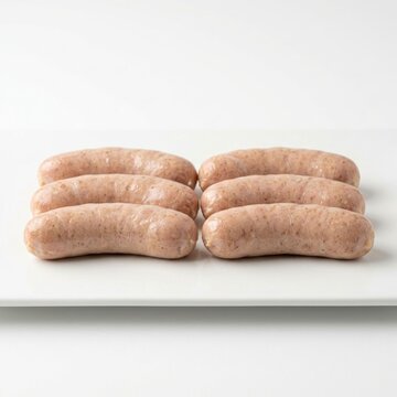 Raw Sausages on White Plate Ready for Cooking.