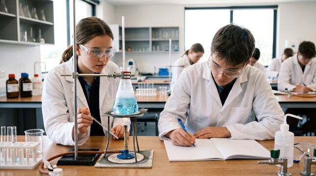 Young Scientists in the Lab: Two students, wearing lab coats and safety goggles, conduct an experiment with a beaker of blue liquid over a Bunsen burner while another student diligently takes notes.