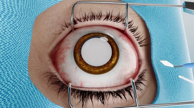 Cataract surgery: complete procedure removes cloudy lens and implants artificial intraocular lens (IOL). Restores clear vision, improves sight. 3D medical rendering of ophthalmic operation.